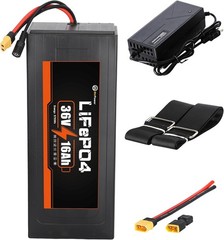 36V 16Ah LiFePO4 Lithium B attery Pack, Built-in 30A BMS for 0-1200W Motor