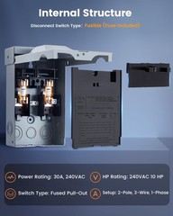 30 Amp Fused AC Disconnect Box, Outdoor Pull-Out Switch Enclosure with Fuse,