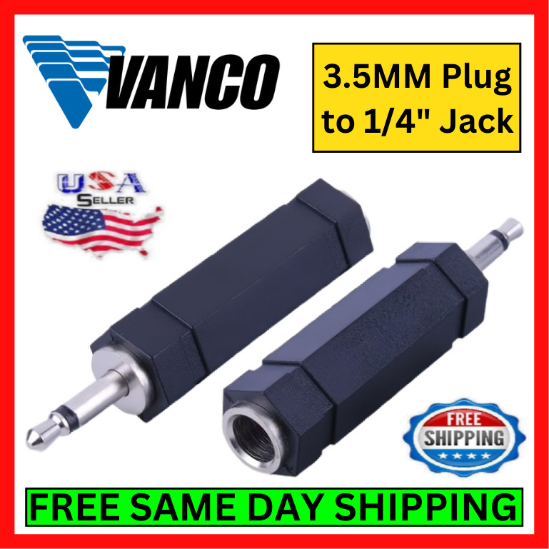 Vanco AD-509 3.5 mm Mono Plug – 1/4″ Stereo Jack Adapter Black Molded Plastic