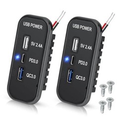 RV USB Outlet Panel: 12V/24V 3-Port Panel Mount Charger, 18W USB-C PD3.0, 2PCS