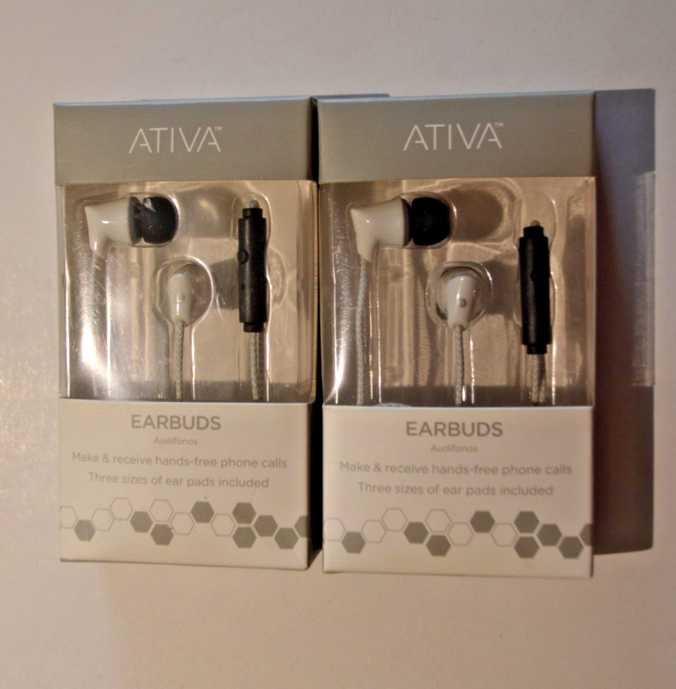 ATIVA Earbuds Braided Cable with 3.5 Plug Lot of 2 New