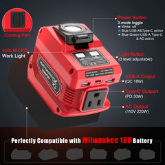 220W Power Inverter Compatible with Milwaukee 18V Battery ，DC 18V to 110V AC