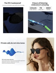 Smart Audio Bluetooth Sunglasses, Wireless Music, IPX4 Waterproof, UV400, BLACK