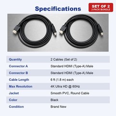 HDMI to HDMI Cable 6FT 4K Set of 2 for HDTV Monitor PS5 PS4 Xbox Blu-ray Player