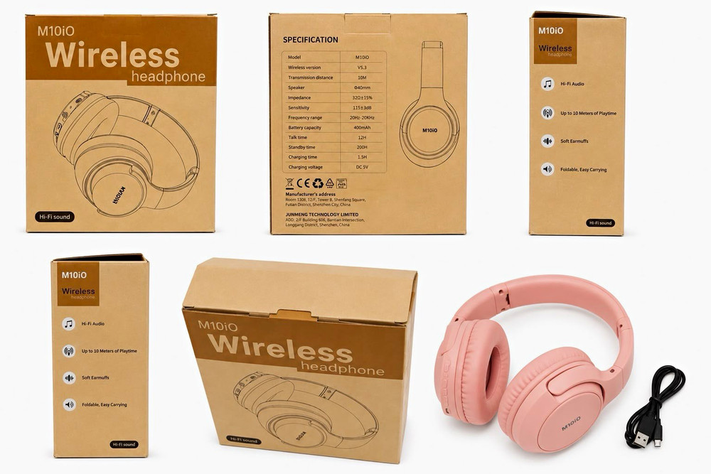 M10iO Bluetooth Wireless Over-Ear 40mm Foldable Headphones w/ Mic, Pink