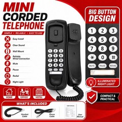 Black Wired Corded Landline Phone Desk Wall Mount Telephone Home Office Use