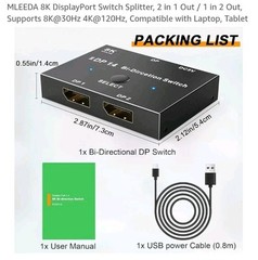 8K DisplayPort Switch Splitter, 2 in 1 Out / 1 in 2 Out, Supports 8K@30Hz DP 1.4