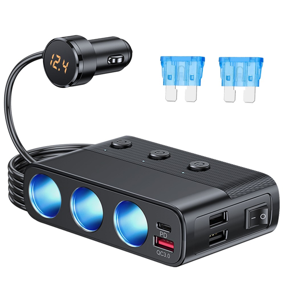 7-in-1 3-Way Car Cigarette Lighter Socket Splitter Power Adapter Quick Charge