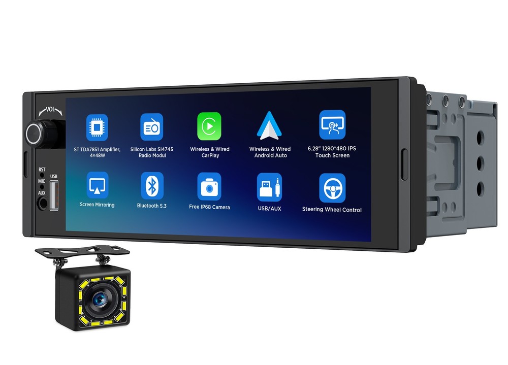 Car Stereo Head Unit Wireless CarPlay GPS 6.28″ IPS Android Auto Single 1DIN RDS