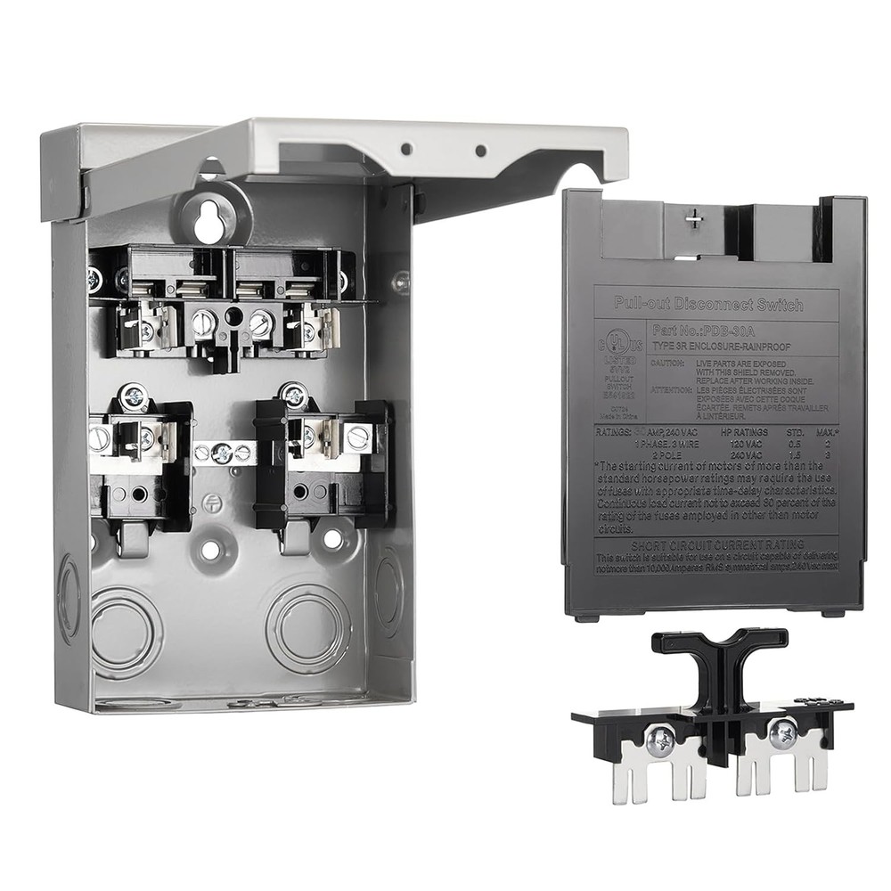 30 Amp Fused AC Disconnect Box, 120/240VAC Pull-Out Switch NEMA 3R Outdoor Me…