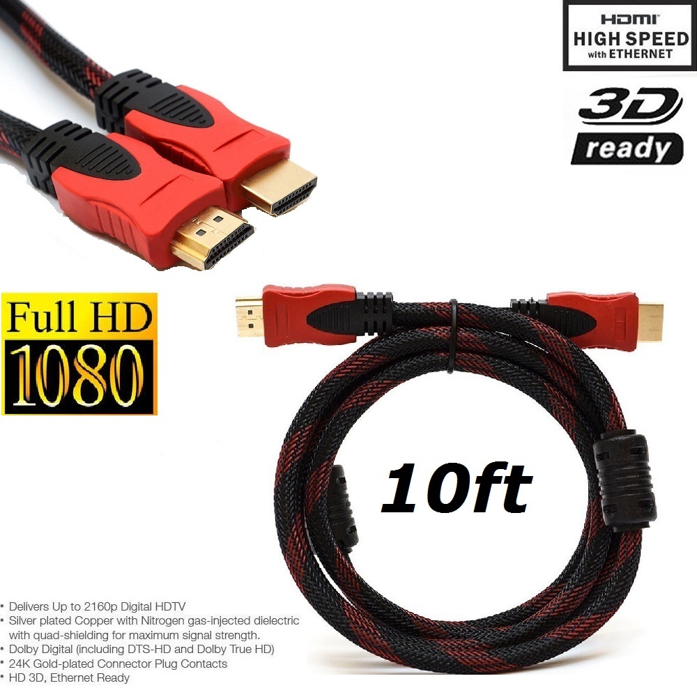 10FT HDMI CABLE For BLURAY 3D DVD PS3 HDTV XBOX LCD HD TV 1080P PREMIUM V1.4 Us