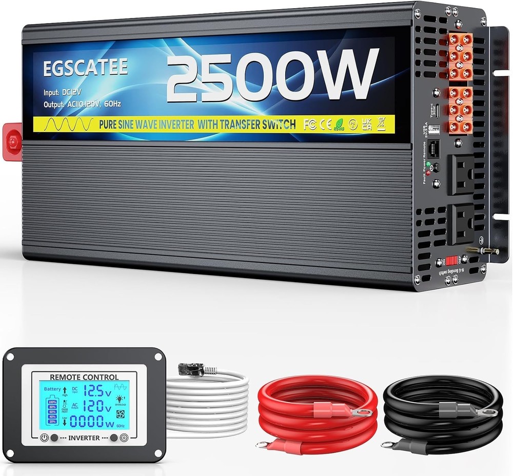 2500W Pure Sine Wave Power Inverter 12V to 120V ATS Remote 5000W Peak New