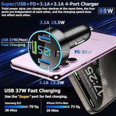 88W Car Charger Super Fast Charging USB 37W Fast Charging + Voltage Monitoring