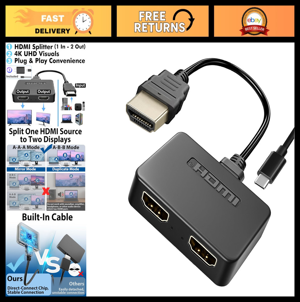 4K HDMI Splitter 1×2, HDMI Hub 2.0 Video Duplicator, USB Power Cable, Supports 6