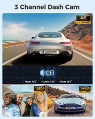4K+1080P+2.5K 3Channel Dashcam for Car WiFi GPS 24H Parking Mode Fatigue Remind