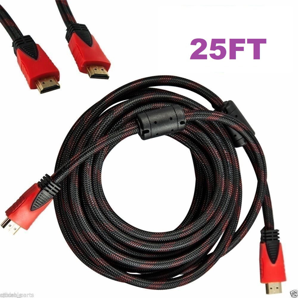 HDMI 25ft Cable Cord for HD TV LCD 3D DVD PS4 Xbox 1080p V1.4 High Speed Red US