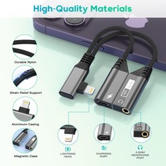 Magnetic 2-IN-1 Right Angle Lightning to 3.5mm Audio Jack Headphone and Charg…