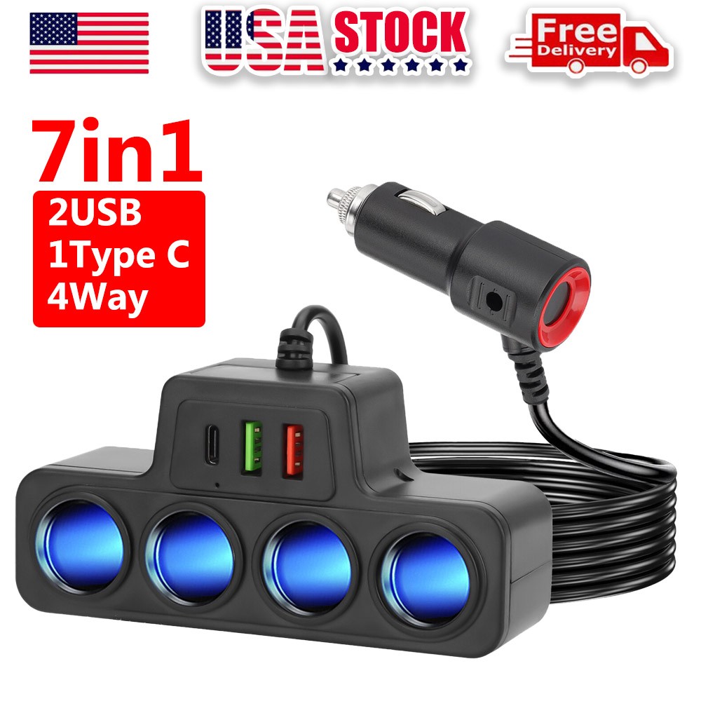 7-in-1 4Way Car Cigarette Lighter Socket Splitter Fast Charger Power Adapter 12V