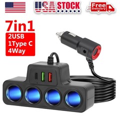 7-in-1 4Way Car Cigarette Lighter Socket Splitter Fast Charger Power Adapter 12V