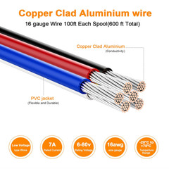 16 Gauge Wire 600FT, 16 AWG Auto 100ft Each Spool 6 Colors Copper Clad Aluminium