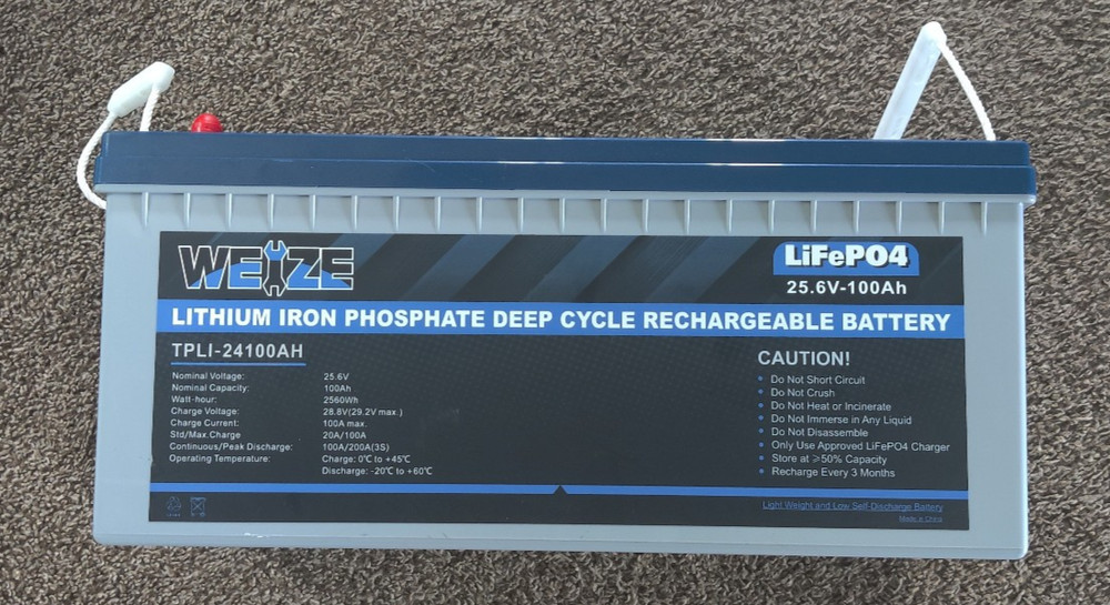 WEIZE 24V 100AH 2560Wh LiFePO4 Lithium Battery 100A BMS for RV Marine Solar