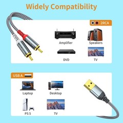 USB to RCA Audio Cable (6.6FT) Nylon Braided USB to RCA Adapter for PC, Laptop