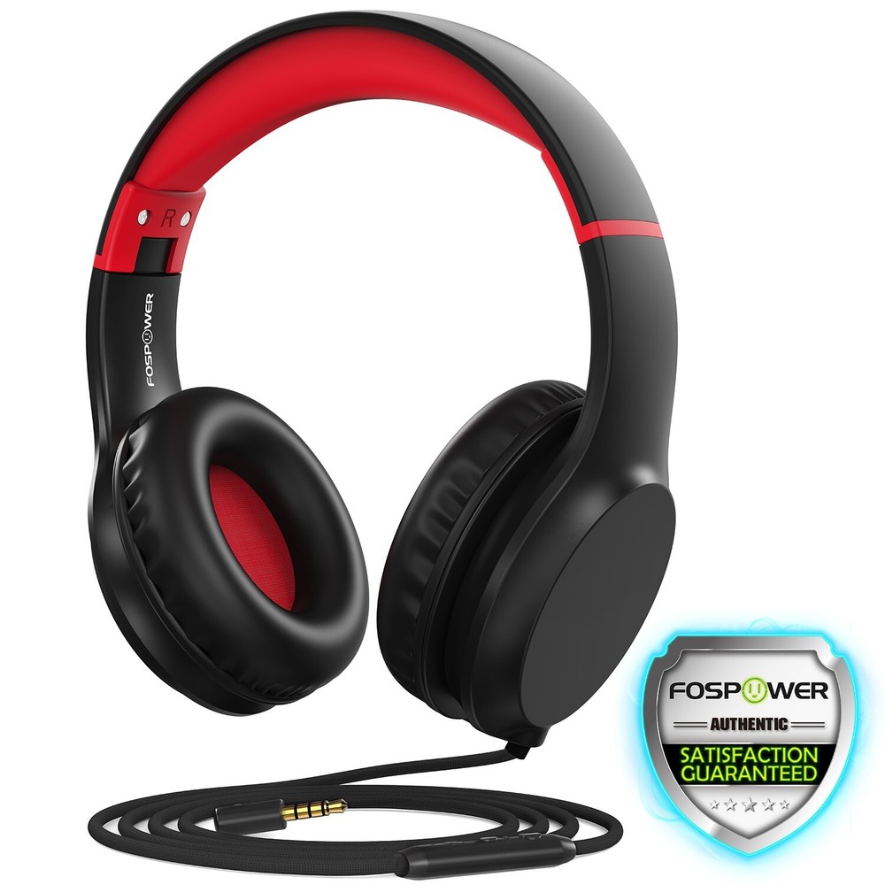 FosPower Wired Kids Headphones For School, Microphone Mic, 3.5mm Cable Black/Red