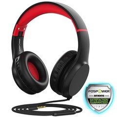 FosPower Wired Kids Headphones For School, Microphone Mic, 3.5mm Cable Black/Red