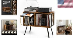 Rustic Flip Top Record Player Stand, 150+ Album Storage, Mid Century Turntabl…