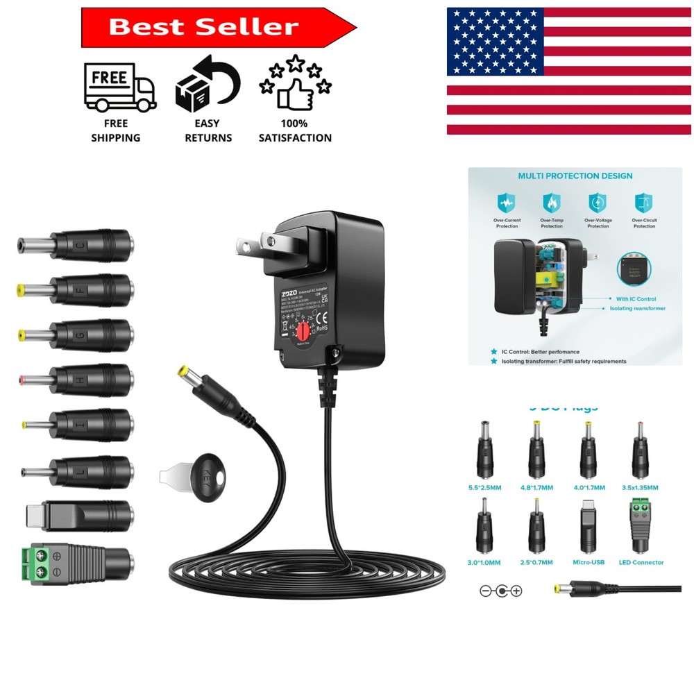 Versatile 12W Plug-in Universal Adapter with 8 Tips – Ideal for Home and Travel