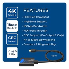 OREI 4K 1 in 2 Out HDMI Splitter 4:4:4 8-bit – HDMI 2.0, HDCP 2.2, 18 Gbps, 4K