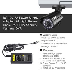 12V 5A AC Charger Adapter + 8 Splitter Power Cord for CCTV Security Camera DVR