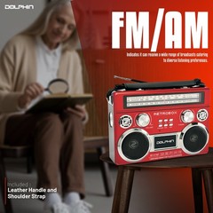 Dolphin Retro Radio SP-411BT AM FM SW Bluetooth Rechargeable Red-FREE SHIPPING