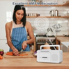 Portable Cassette Player Recorder Boombox with AM/FM Radio, AC or Battery White