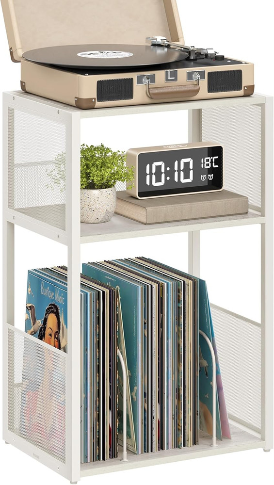Record Player Stand 3-Tier Vinyl Storage Table Holds 100 Albums Rustic White