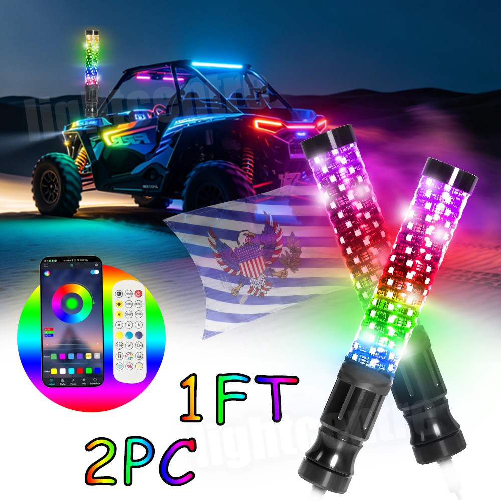1FT/2FT Spiral LED Fat Whip Light Antenna RGB Chasing For Can-am X3 RZR UTV ATV