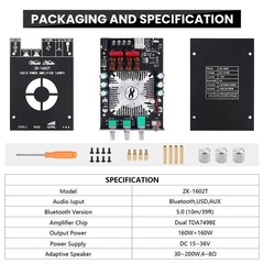 Audio Amplifier Board, ZK-1602T Bluetooth 5.0 Power Amp for Home Speakers 2.0…
