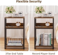 Record Player Stand 3 Tier End Table Vinyl Storage Rustic Brown
