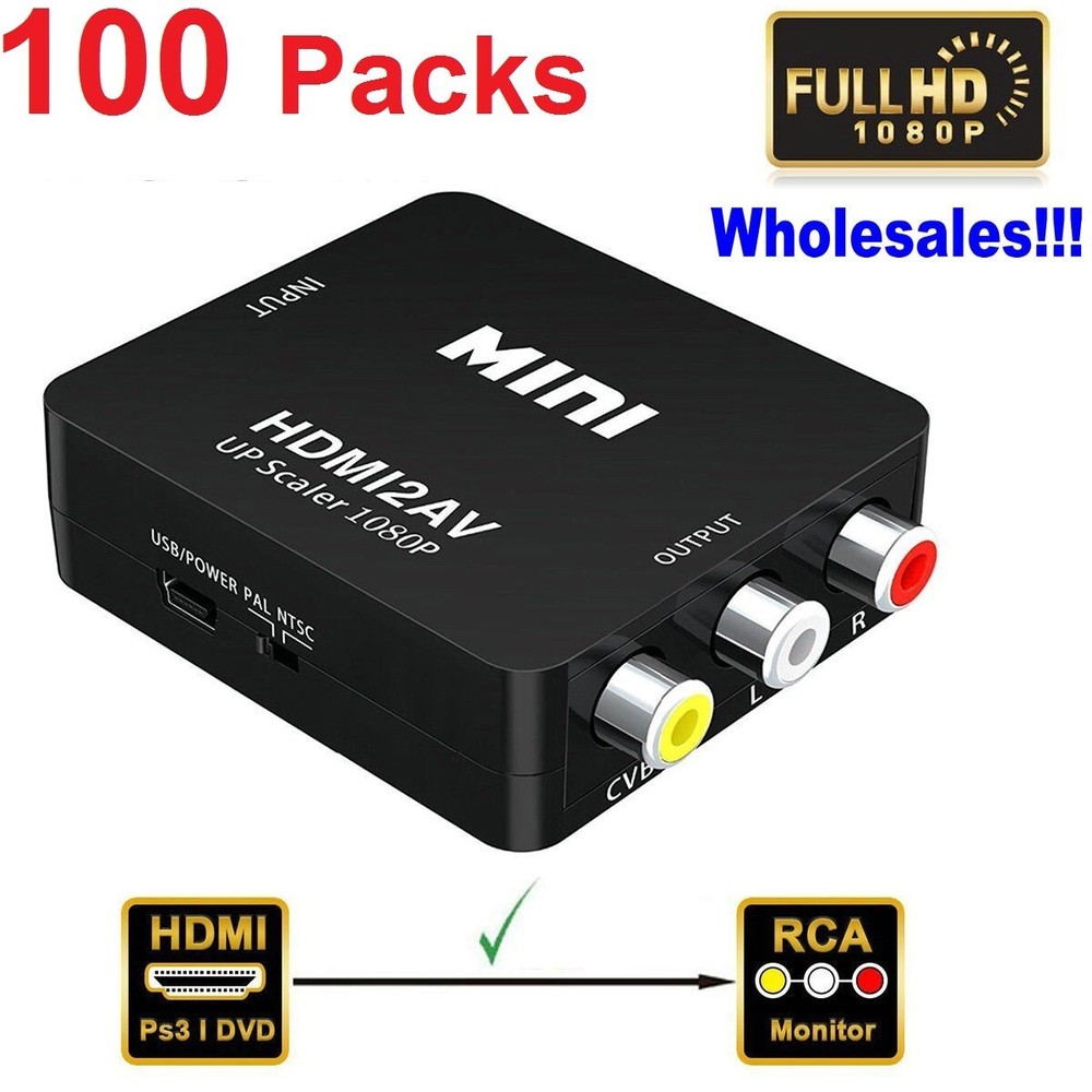 Wholesale Lot 100 x HDMI to AV RCA CVBS Adapter Converter Box HD 1080P HDMI2AV
