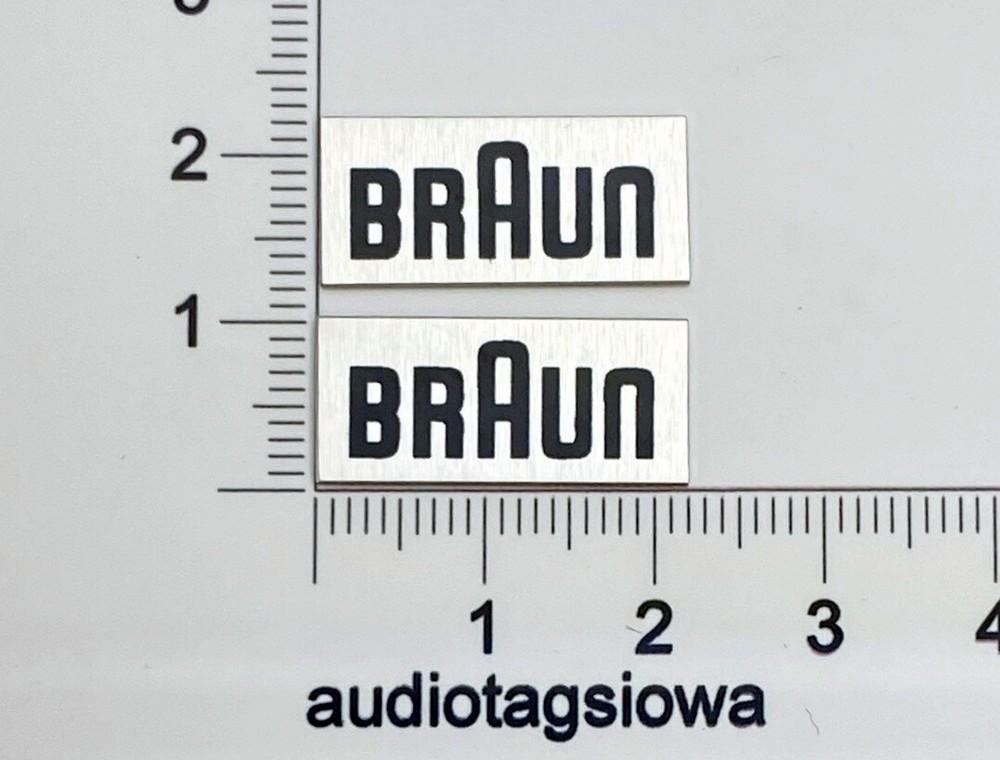 Braun Speaker Badge Logo Pair 10mm x 22mm Silver Aluminum Custom Made