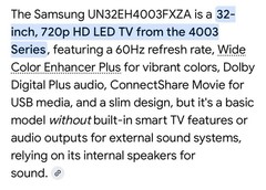 Black Samsung 32 In Model UN32EH4003FXZA NOT smart TV No Remote Yes HDMI Hookups