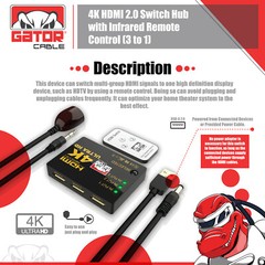 4K HDMI 2.0 Cable Splitter Switcher Box Hub IR Remote Control 3X1 Power 3 to 1
