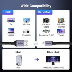 UGREEN 8K Micro HDMI to HDMI Cable 48Gbps, 8K@60Hz Braided for GoPro/RPi5/Camera
