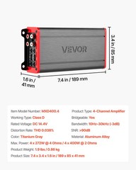 VEVOR Car Audio Amplifier Car Amplifier 4-Channel Class D Max. 4x272W at 4 Ohms