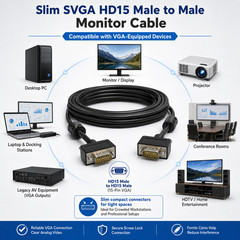 Slim SVGA HD15 Male to Male Monitor Cable -3ft / 6ft / 10ft / 15ft / 25ft / 50ft