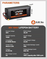 36V 16Ah LiFePO4 Lithium B attery Pack, Built-in 30A BMS for 0-1200W Motor