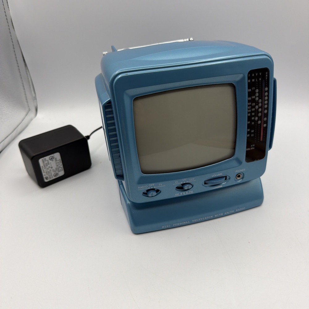 Vintage Blue CRT TV Portable 5″ Black & White Mini TV AM/FM Radio Works
