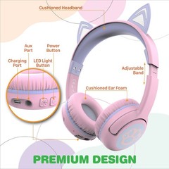FosPower Kids Headphones Bluetooth Wireless/Wired Headphones with LED Cat Ears