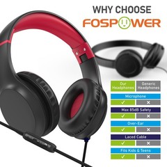 FosPower Wired Kids Headphones For School, Microphone Mic, 3.5mm Cable Black/Red