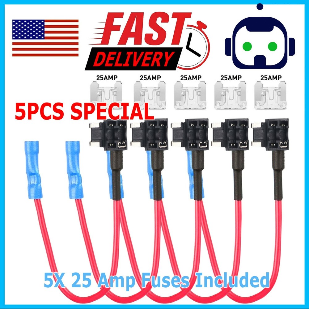 5 Pack Low-Profile Fuse Tap + 25A Blade Add Circuit 25AMP Adapter 25 A Amp 12V